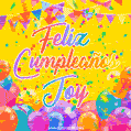 A bright and festive GIF with the text 'Feliz Cumpleaños Joy' in Spanish in colorful fonts, surrounded by confetti, balloons, and festive banners on a vibrant yellow background.