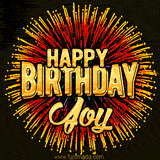 Golden 'Happy Birthday Joy' text accompanied by animated rainbow fireworks for a festive animated greeting.