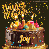 A delightful chocolate birthday cake with bright candles and 'Happy Birthday Joy' written in gold amidst a shower of animated stars.