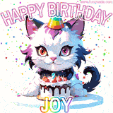 Adorable party-themed animated cat next to a lit birthday cake with text that says 'Happy Birthday Joy,' surrounded by colorful decorations and sparkles.
