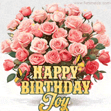 Golden 'Happy Birthday Joy' text beneath a vibrant bouquet of orange roses, complete with glittering butterflies and sparkling details.