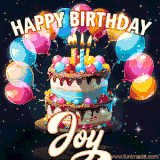 Bright birthday animation for Joy with a chocolate cake, candles, balloons, and glowing celebratory lights.