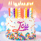 A cheerful white birthday cake with multicolor sprinkles, lit candles, and 'Joy' written in vibrant letters, in an animated GIF.