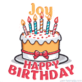 Cartoon birthday cake with a red bow, glowing candles, and 'Joy Happy Birthday' text in bold animated style.