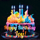 A mesmerizing animated cake with multicolor frosting and candles, and the words 'Happy Birthday Joy' on the black background.
