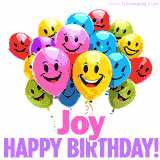 Animated colorful and joyful birthday balloons with cheerful smiles and a bright 'Happy Birthday Joy!' message in pink and purple.