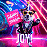 Animated GIF of a cool dog wearing a suit and sunglasses, holding a 'Happy Birthday' sign for Joy, set against a bright and colorful neon party background.