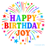 Happy Birthday Joy' GIF with rainbow-colored letters, colorful stars, and fireworks on white background.
