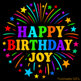 Personalized greeting card with name, colorful text that says 'Happy Birthday Joy' surrounded by animated fireworks and multicolor stars