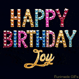 Vibrant luxury birthday greeting card for Joy, showing glittering gemstone letters and golden calligraphy on a dark background with twinkling shine effects.