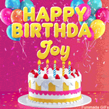 Pink-themed animated greeting with balloons, confetti, and a frosted cake under the message 'Happy Birthday Joy' in bold rounded yellow font.