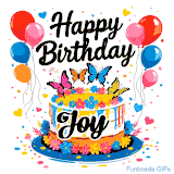 An animated birthday card for Joy. It features a festive cake with her name, 'Joy', and colorful butterflies. Floating balloons and hearts complete the joyful scene.