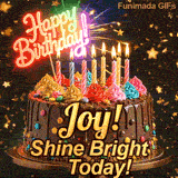 A customized birthday ecard for Joy displaying a rich chocolate cake with a sparkly dark background.