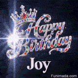 Happy Birthday Joy animated image showcasing a glittering crown and white sparkling light effects.