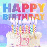 A vibrant animated name GIF with the words 'Happy Birthday Joy' with colorful candles on a creamy cake. The background sparkles with pastel shades, adding a festive touch.