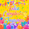A bright and festive GIF with the text 'Feliz Cumpleaños Joyanna' in Spanish in colorful fonts, surrounded by confetti, balloons, and festive banners on a vibrant yellow background.
