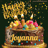 A delightful chocolate birthday cake with bright candles and 'Happy Birthday Joyanna' written in gold amidst a shower of animated stars.
