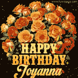 Animated bouquet of orange roses with moving butterfles and golden 'Happy Birthday Joyanna' text, surrounded by sparkling accents and a dark backdrop for a luxurious feel.