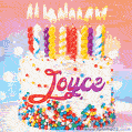Personalized for Joyce elegant birthday cake adorned with rainbow sprinkles, colorful candles and glitter