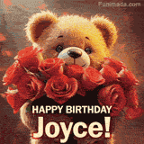 Cinematic style cute animated teddy bear with charming features holding a large bouquet of red roses, the words say 'Happy Birthday Joyce' in sans serif font.