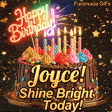 Bold golden lettering spelling Joyce! on a gourmet chocolate cake with the subtext Shine Bright Today! on a gold stand.