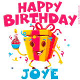 A vibrant and funny gift box character with a happy face dancing with a cupcake and the text 'Happy Birthday Joye,' surrounded by animated confetti and party vibes.