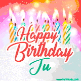 Bright birthday candles with rainbow flames on a cake, alongside the text 'Happy Birthday Ju' in vibrant script in this celebratory animated GIF.