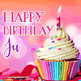 A vibrant birthday GIF featuring a rainbow-colored cupcake topped with white frosting, sprinkles, and a lit candle. The text reads 'Happy Birthday Ju' in bold pink and violet letters with white outline.