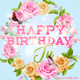 A charming animated GIF featuring 'Happy Birthday Ju' in pink and green text, surrounded by delicate roses, leaves, and fluttering butterflies on a soft light blue pastel background.