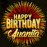 Golden 'Happy Birthday Juanita' text accompanied by animated rainbow fireworks for a festive animated greeting.