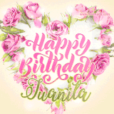 A stunning heart made of pink roses surrounds the elegant script text 'Happy Birthday Juanita' on a soft beige background. Animated sparkles add a magical and festive feel.