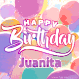A vibrant name GIF featuring colorful balloons in shades of pink, orange, and yellow with the bold text 'Happy Birthday Juanita' in festive fonts, creating a lively birthday vibe.