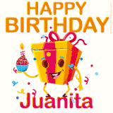 A vibrant and funny gift box character with a happy face dancing with a cupcake and the text 'Happy Birthday Juanita,' surrounded by animated confetti and party vibes.