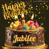 A delightful chocolate birthday cake with bright candles and 'Happy Birthday Jubilee' written in gold amidst a shower of animated stars.