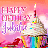 A vibrant birthday GIF featuring a rainbow-colored cupcake topped with white frosting, sprinkles, and a lit candle. The text reads 'Happy Birthday Jubilee' in bold pink and violet letters with white outline.