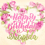 A stunning heart made of pink roses surrounds the elegant script text 'Happy Birthday Jucunda' on a soft beige background. Animated sparkles add a magical and festive feel.