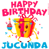 A vibrant and funny gift box character with a happy face dancing with a cupcake and the text 'Happy Birthday Jucunda,' surrounded by animated confetti and party vibes.
