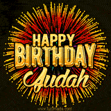 Golden 'Happy Birthday Judah' text accompanied by animated rainbow fireworks for a festive animated greeting.