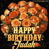 Animated bouquet of orange roses with moving butterfles and golden 'Happy Birthday Judah' text, surrounded by sparkling accents and a dark backdrop for a luxurious feel.