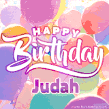 A vibrant name GIF featuring colorful balloons in shades of pink, orange, and yellow with the bold text 'Happy Birthday Judah' in festive fonts, creating a lively birthday vibe.