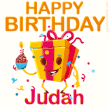 A vibrant and funny gift box character with a happy face dancing with a cupcake and the text 'Happy Birthday Judah,' surrounded by animated confetti and party vibes.