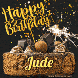 Animated GIF featuring the text 'Happy Birthday Jude' written in glittering gold above the luxurious chocolate birthday cake adorned with truffles, gold stars, and sparklers.