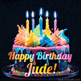 A vibrant animated GIF featuring a colorful rotating birthday cake with bright frosting swirls, glowing candles, and the text 'Happy Birthday Jude!' in rainbow colors.
