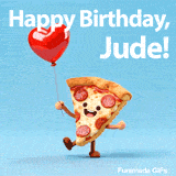 Cute animated pizza slice holding a red heart-shaped balloon with Happy Birthday Jude text