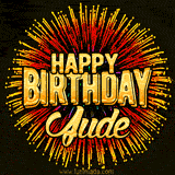 Golden 'Happy Birthday Jude' text accompanied by animated rainbow fireworks for a festive animated greeting.