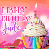 A vibrant birthday GIF featuring a rainbow-colored cupcake topped with white frosting, sprinkles, and a lit candle. The text reads 'Happy Birthday Jude' in bold pink and violet letters with white outline.