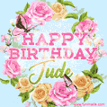 A charming animated GIF featuring 'Happy Birthday Jude' in pink and green text, surrounded by delicate roses, leaves, and fluttering butterflies on a soft light blue pastel background.