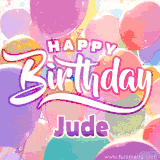 A vibrant name GIF featuring colorful balloons in shades of pink, orange, and yellow with the bold text 'Happy Birthday Jude' in festive fonts, creating a lively birthday vibe.
