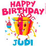 A vibrant and funny gift box character with a happy face dancing with a cupcake and the text 'Happy Birthday Judi,' surrounded by animated confetti and party vibes.