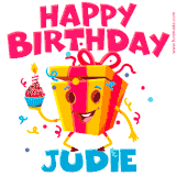 A vibrant and funny gift box character with a happy face dancing with a cupcake and the text 'Happy Birthday Judie,' surrounded by animated confetti and party vibes.